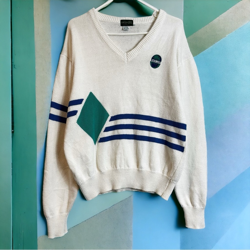Vintage IZOD Club Black Lake Golf V Neck Stripe Diamond Sweater FLAWED R… - Picture 1 of 14